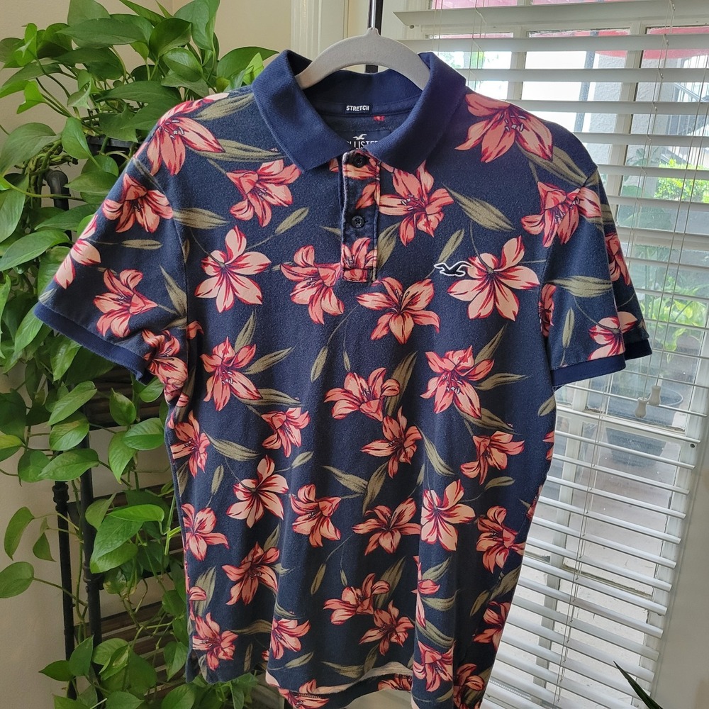 HOLLISTER CO. SHORT SLEEVE POLO Mens Large All Over Floral Lily Print Blue Pink